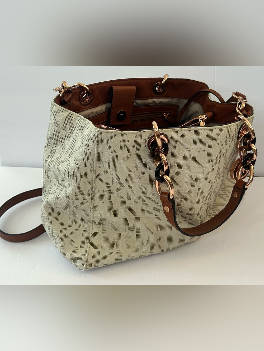 Michael Kors Cream Logo Tote with Brown Trim and Gold Accents